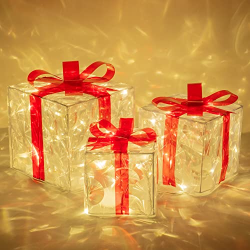 FUNPENY Set of 3 Christmas 60 LED Lighted Gift Boxes, Transparent Warm White Lighted Christmas Box Decrations, Presents Boxs with Red Bows for Christams Tree, Yard, Home, Christams Decorations