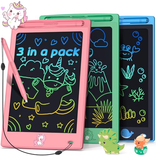 FLUESTON Toys LCD Writing Tablet Toddler, Toys for Boys Girls Gifts 3 4 5 6 7 8year, 8.8 Inch 3pcs in 1 Pack Drawing Pad Toy Easter Basket Stuffers for Kids, Drawing Doodle Board Cute Dinosaur Unicorn