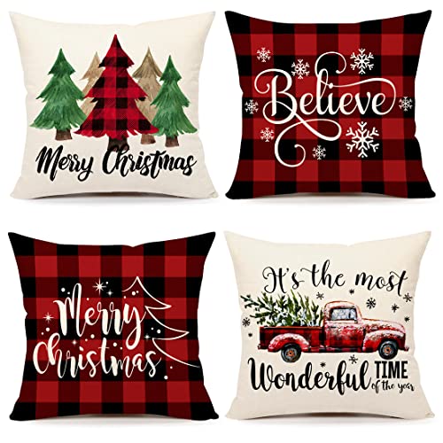 4TH Emotion Buffalo Check Christmas Pillow Covers 18x18 Set of 4 Red Black Farmhouse Christmas Decorations Winter Holiday Decor Throw Cushion Case for Home Couch S22C38