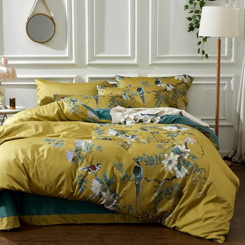 mixinni Garden Style Cotton Flowers and Birds Pattern Printed Duvet Cover Reversible Design Peacock Blue 3 Piece Bedding Duvet Set with Zipper Closure, Perfect for Him and Her-Queen Size