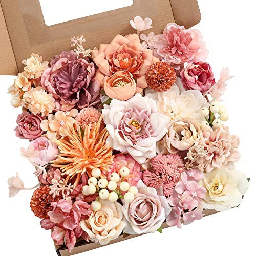 YYHUAWU Artificial Flowers Combo Set Fake Flower Leaf Box with Stems for DIY Wedding Bouquets Centerpieces Flower Arrangements Decorations Baby Shower Party Home Decorations Orange Pink