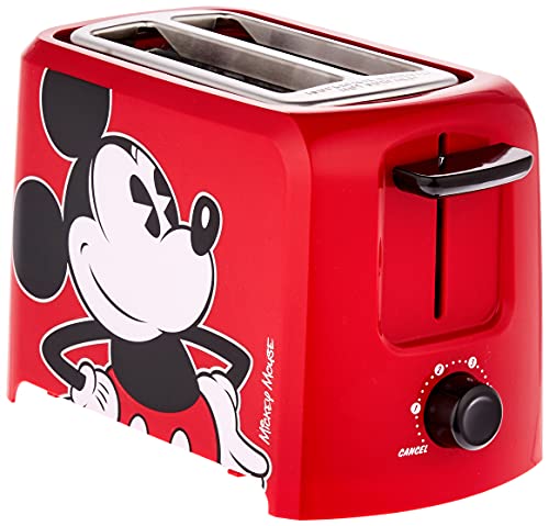 Disney Mickey Mouse 2-Slice Toaster by Select Brands - Mickey Mouse Toaster for Disney Kitchen Accessories - Features Crumb Tray & High Rise Toast Lift - Gift for Disney Lovers - Red