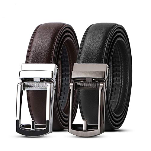 WERFORU 2 Pack Leather Ratchet Dress Belts for Men with Automatic Buckle, A-Black+Coffee, Fit Pant Size 44-50 inches