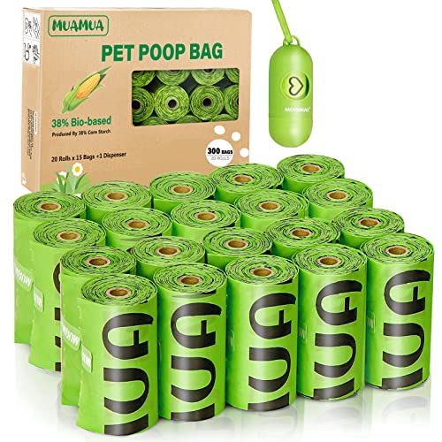 MUAMUA Biodegradable Dog Poop Bags 300 Count, 20 Rolls, Recyclable Waste with Dispenser, Large 9 x 13 Inches, Extra Thick, Leak Proof for Dogs and Cats