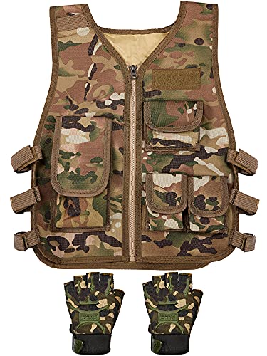 SATINIOR Kids Tactical Vest Army Combat Vest Outdoor with Half Finger Fingerless Short Gloves Breathable (Camouflage Style)