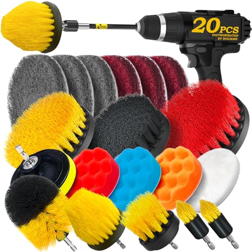 Holikme 20Pack Drill Brush Attachments Set, Scrub Pads & Sponge, Buffing Pads, Power Scrubber Brush with Extend Long Attachment, Car Polishing Pad Kit,Cleaning Supplies，Shower Scrub,Scratch Brushes