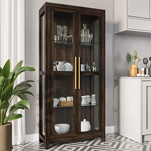 BELLEZE Storage Cabinet, Tall Bookshelf or Display Cabinet for Living Room Bedroom, Curio Cabinet with Tempered Glass Doors, Trophy Display Case, Storage/Organization - Avalon (Dark Walnut)