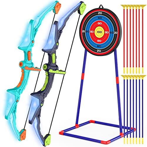 Kmuxilal 2 Pack Kids Bow and Arrow Set with LED Flash Lights, 14 Suction Cup Arrows and Fluorescence Standing Target-Perfect Indoor and Outdoor Archery Set Toy Gift for Boys and Girls Ages 4-12