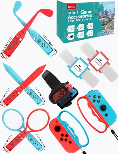 18-IN-1 Sports Accessories Bundle, Compatible with Nintendo Switch Joy-Con Controller, Made for Golf, Soccer, Volleyball, Bowling, Tennis, Badminton, Swordplay, Play with Friends and Family Together