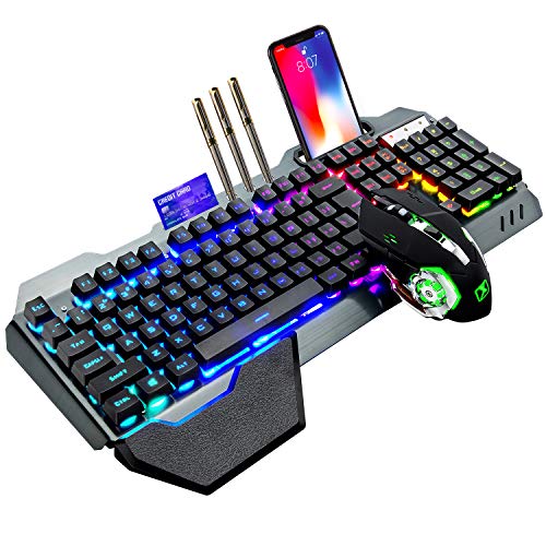 Wireless Gaming Keyboard and Mouse,RGB Backlit Rechargeable Keyboard Mouse with 5000mAh Battery Metal Panel,Removable Hand Rest Mechanical Feel Keyboard and 7 Color Gaming Mute Mouse for PC Gamer