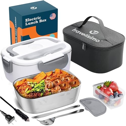 TRAVELISIMO Electric Lunch Box for Adults 80W, Fast Portable Heated Lunch Box 12/24/110V 1.5L Heated Lunchbox for Adults, Leakproof, SS Container, for Car Truck Work, Loncheras para Hombres de Trabajo