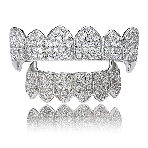 LKV 14K Plated Gold Grillz for Men and Women Gold Grills Teeth All Iced Out CZ Top and Bottom Vampire Mouth Grill with Extra Molding Bars(Silver, Top and Bottom)