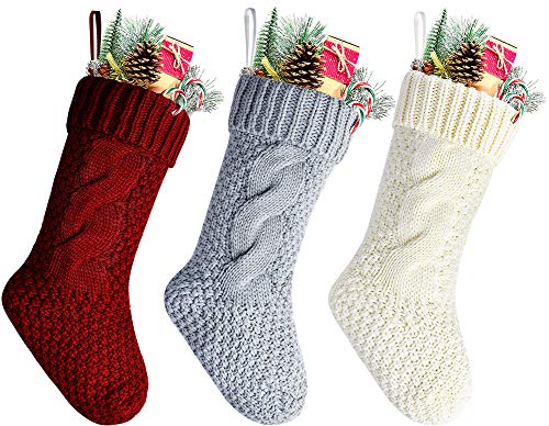 Kunyida 14' Unique Burgundy and Ivory and Gray Knitted Christmas Stockings,3 Pack