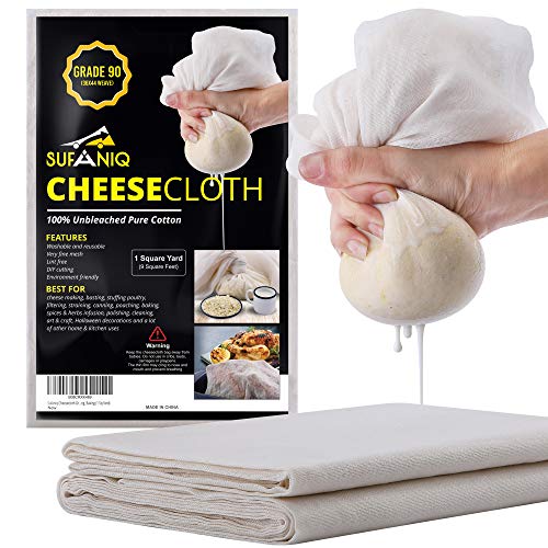 Sufaniq Cheesecloth for Straining, Grade 90 (9 Sq Feet), 100% Pure Cotton Reusable, Unbleached Ultra Fine Fabric, Premium Butter Muslin Cloth