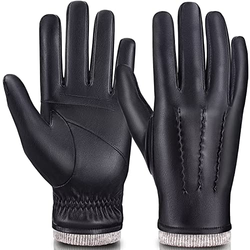 MAGILINK Mens Leather Gloves Touchscreen Texting, Winter Gloves Men Cold Weather with Warm Thermal Wool Fleece Lined, Driving Gloves Men Anti-Slip Motorcycle Cycling(Black-S)