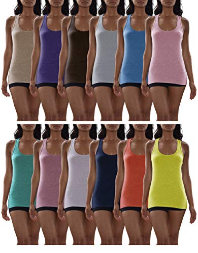 Sexy Basics Women's 12 Pack Active Jersey Tank Tops/Cotton -Spandex Stretch Color Tanks (12 Pack -Assorted Dazzling Solids, Medium)