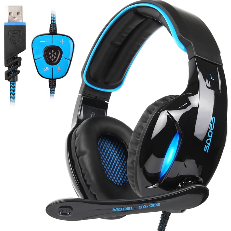 SADES SA902 Stereo Gaming Headset 7.1 USB Surround Sound PC Headsets Over-Ear Gaming Headphones with Microphone LED Light Black Blue