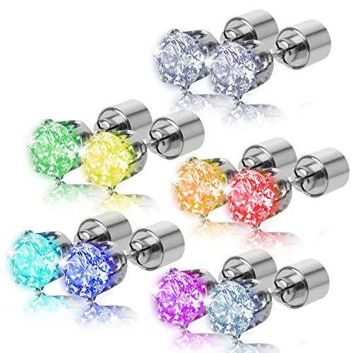 5 Pairs LED Earrings, IC ICLOVER Color Changing Light Up Earring Diamond Crown Studs, Valentine's Day Flashing Blinking Dance Rave Party Colorful Glowing up Decoration Gift for Men Women Boys Girls