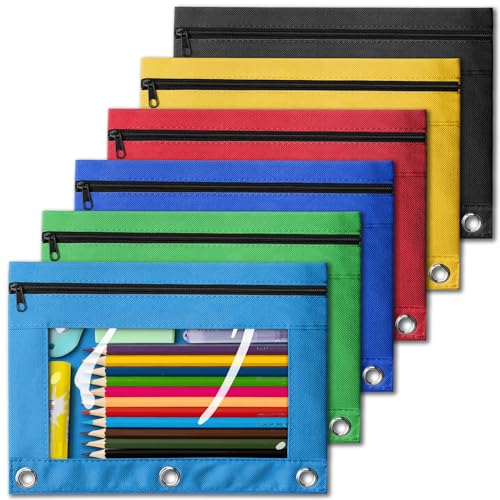 V-Opitos Pencil Pouch for 3 Ring Binder, Bulk 6 Pack 3-Holes Zipper Pencil Pouches in Assorted Colors, Sturdy and Durable Cloth Pencil Case with Clear Window for Office School College Supplies