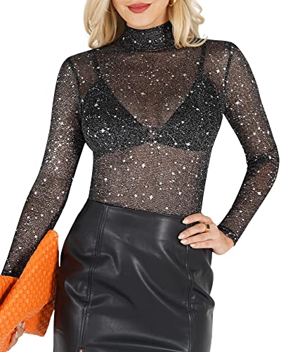 MANGOPOP Glitter Sheer Mesh Top Women Short Long Sleeve Sexy Shirt See Through Clubwear Tee Slim Blouse