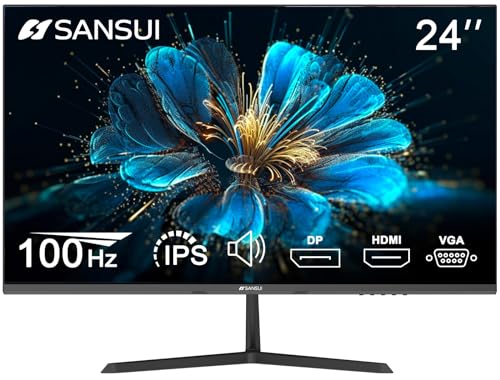 SANSUI 24 inch Monitor, IPS Display Computer Monitor with Built-in Speakers, 100Hz Monitor VESA Mount with DisplayPort HDMI VGA Inputs, FHD Monitor for Home Office (ES-24x3A HDMI Cable Included)