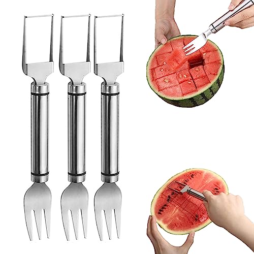 FANTEXY 3 Pcs 2-In-1 Watermelon Fork Slicer Cutter, Watermelon Slicer Cutter, Dual Head Stainless Steel Fruit Forks Slicer Knife for Family Parties Camping Party