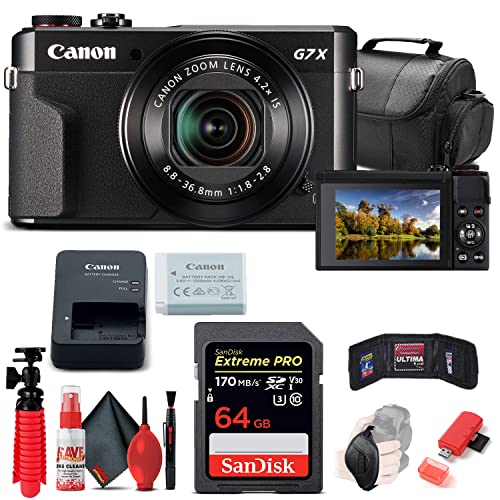 Canon PowerShot G7 X Mark II Digital Camera (1066C001) + 64GB Memory Card + Card Reader + Deluxe Soft Bag + Flex Tripod + Hand Strap + Memory Wallet + Cleaning Kit (Renewed)