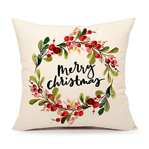4TH Emotion Merry Christmas Wreath Throw Pillow Cover 18x18 Inch Home Decor Cushion Case for Sofa Couch Farmhouse Christmas Decorations