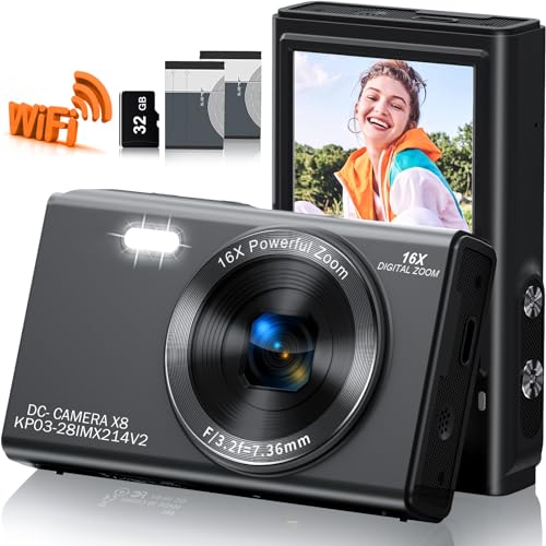 Digital Camera, Saneen 4K WiFi Kids Cameras for Photography, Compact Camera with 32GB SD Card, 16X Digital Zoom, 2.8' Big Screen, 2 Rechargeable Batteries, 4K 2.7K 1080P & 64MP 48MP 30MP-Black