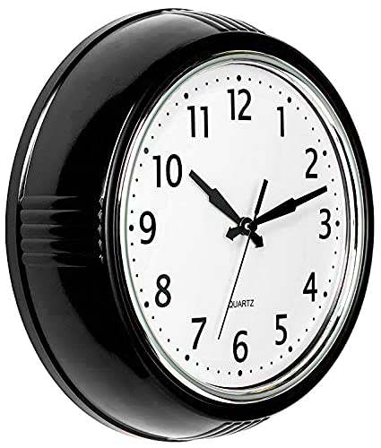 Bernhard Products Black Wall Clock Retro Silent Non Ticking 12 Inch Round Battery Operated Quality Quartz Easy to Read for Home Kitchen Office Classroom School Clocks Sweep Movement Vintage Décor