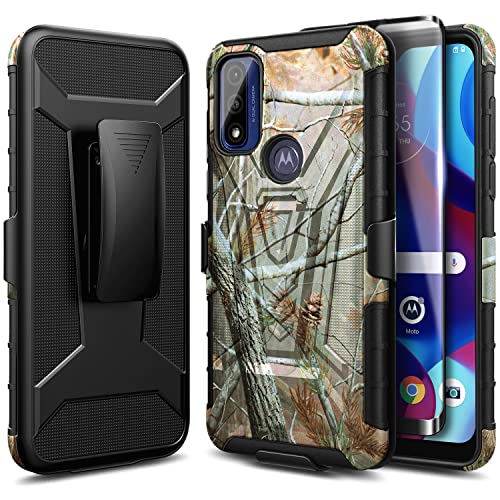 NZND Case for Motorola Moto G Pure with Tempered Glass Screen Protector (Maximum Coverage), Belt Clip Holster with Built-in Kickstand, Heavy Duty Protective Phone Case (Camo)