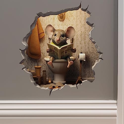 Mouse Sitting on Toilet in Mouse Hole Decal - Mouse Hole 3D Wall Sticker