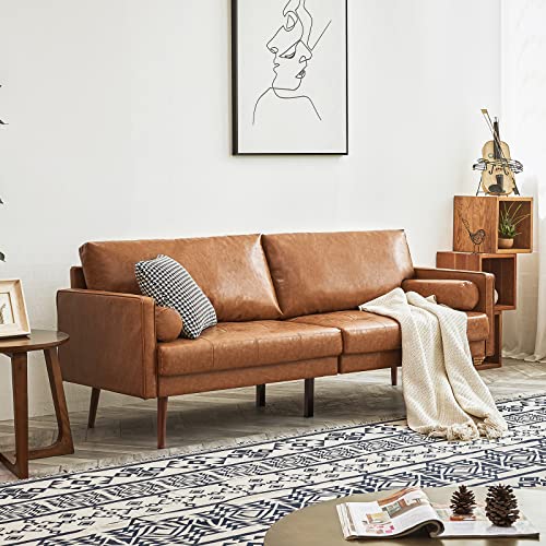 Vonanda Faux Leather Sofa Couch, Mid-Century 73 Inch 3 Seater Leather Couch with Hand-Stitched Comfort Cushion and Bolster Pillows for Living Room,Elegant Cognac Tan