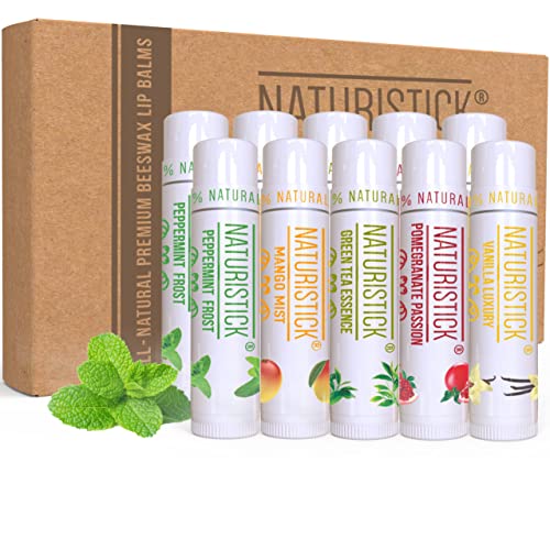 10-Pack Lip Balm Gift Set by Naturistick. Assorted Scents. 100% Natural Ingredients. Best Beeswax Chapsticks for Dry, Chapped Lips. Made in USA for Men, Women and Children