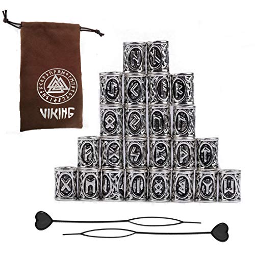 24Pcs Norse Vikings Runes Hair Beard Beads for Bracelets Pendant Necklace DIY,Braiding Beads for Hair Braids Antique Silver Beard Ring Viking Beads Kits(Include 2Pcs Pull Hair Pin)