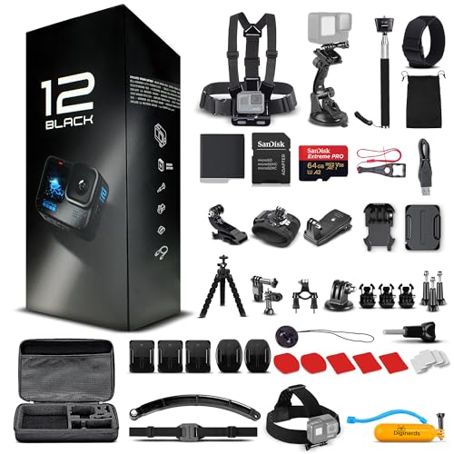 GoPro HERO12 (Hero 12) Black - Waterproof Action Camera with 5.3K HDR Video, 27MP Photos, 1/1.9' Image Sensor, Live Streaming, Webcam, Stabilization + 64GB Card & 50 Piece Accessory Kit - Bundle