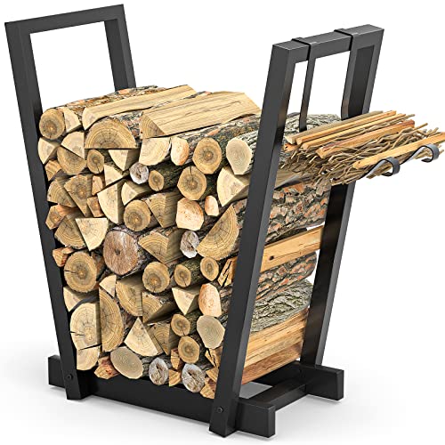 Girapow Firewood Rack Log Holder, 20 Inch Metal Fire Wood Rack Storage Stand with Kindling Holder for Indoor Fireplace, Outdoor Patio Fire Pit Stove, Sturdy Construction, Easy to Assemble