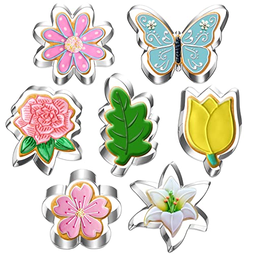 LUBTOSMN Flower and Leaf Cookie Cutter Set-7 Piece-Daisy, Lily, Rose, Tulip, Oak Leaf and Butterfly Fondant Biscui Cutters