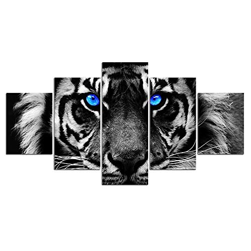 Wall Art Tiger Canvas Prints Blue Eyed Tiger Wall Decor Animal Blue Eyes Picture Blue Black and White Tiger Poster Painting Framed Office Home Living Room Decoration Ready to Hang(60''Wx32''H)