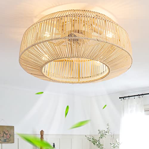 zheshirui 20' Boho Caged Ceiling Fan with Lights Flush Mount, Low Profile Rattan Ceiling Fans with Lights and Remote Control, Enclosed 6 Speeds for Bedroom, Living Room, Kitchen