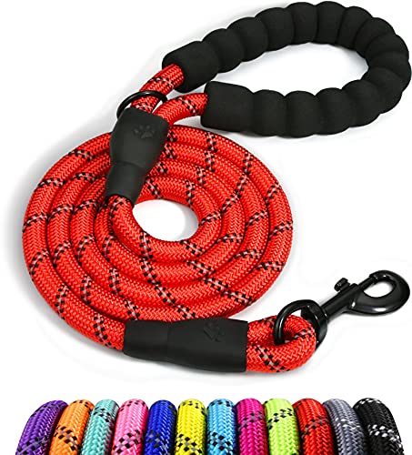 Taglory Rope Dog Leash 6 FT with Comfortable Padded Handle, Highly Reflective Threads Dog Leash for Large Dogs, 1/2 inch, Red