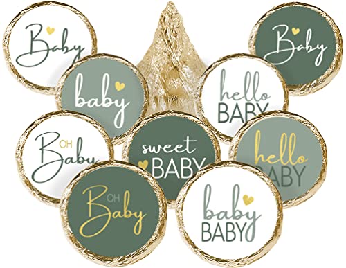 Green and Gold Baby Shower Party Favor Kisses Candy Stickers - Sweet Baby Party Favors - 180 Labels