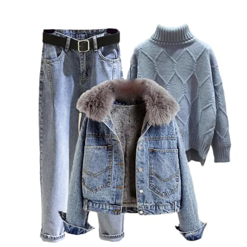 Eesuei Women Winter Warm Suit Denim Jacket And Knitting Top+Pant Three Piece Set Jacket Sportwear suit 2 XS
