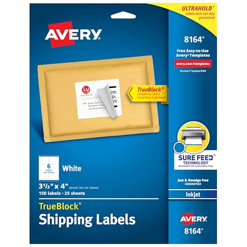 Avery TrueBlock Permanent Inkjet Shipping Labels, 8164, 3 1/3' x 4', White, Pack of 150