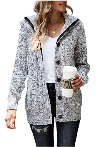 Sidefeel Women Hooded Knit Cardigans Button Cable Sweater Coat Small Grey