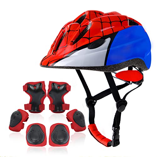 Atphfety Kids Helmet Set,Toddler Helmet for Boys Girls Age 5-8 with Knee Elbow Pads Wrist Guards for Bike Skating Skateboard Cycling Scooter Rollerblading (S:50 cm - 54cm/19.7-21.2 inch, Spider)