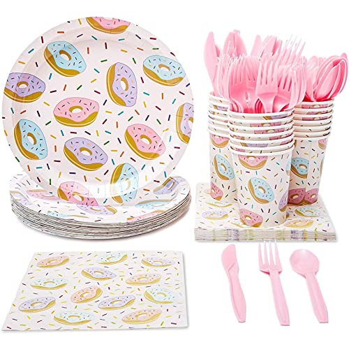 Juvale 144 Piece Donut Grow Up Party Supplies - Serves 24 Sprinkle Paper Plates, Napkins, Cups and Cutlery for Two Sweet Birthday Decorations