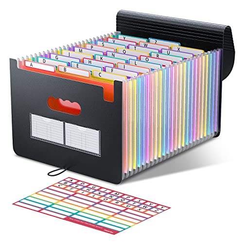 26 Pockets Accordian File Folder Organizer, Expanding Filing Box A4 Letter Size Expandable File Folders, Plastic Accordion Document Paper Coupon Bill Receipt Organizer with 3 A-Z Alphabet Colored Tabs