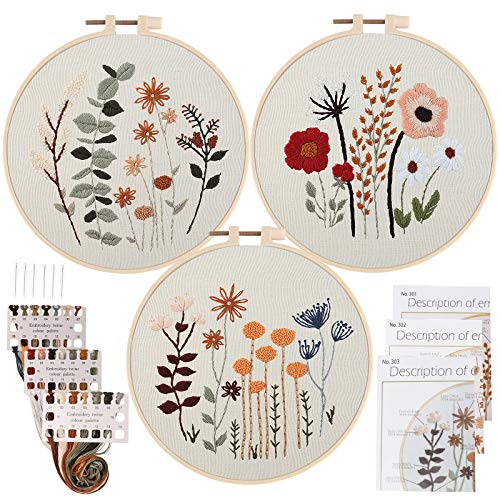 Uphome 3 Pack Embroidery Starter Kit for Beginners Stamped Cross Stitch Kits with Cute Flowers and Plants Patterns with 1 Embroidery Hoop and Color Threads for Adults Kids