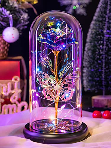 Rose Gifts for Women Birthday Gifts for Women, Galaxy Glass Rose Flower Forever Eternal Crystal Light Up Rose in Glass Dome with Butterfly Gifts for Women Mom Her Friends Purple